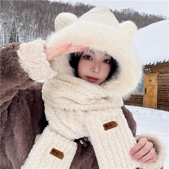3-in-1 Set ​​Hooded Scarf Hat Gloves Bear Ears Hat with Mittens​​
